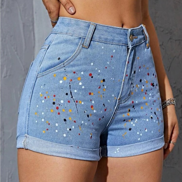 Shein Splash Ink Print Roll Up Hem Denim Shorts - Picture 4 of 8